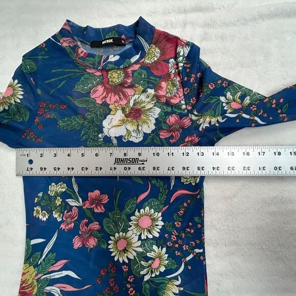 Bikbok Womens Floral Print Mesh Long Sleeve Top XS Blue Crew Neck Sheer Casual - Picture 6 of 7